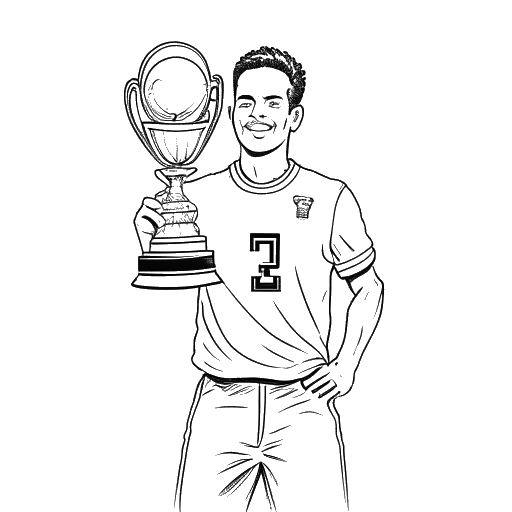 Dessin en noir et blanc d'un homme représentant Blueface, en uniforme de football, tenant un trophée de championnat