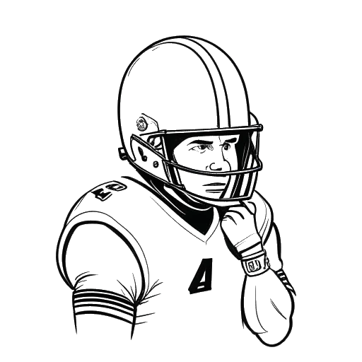 Desenho em arte linear de um homem representando Blueface, em um uniforme de futebol americano, segurando um capacete, parecendo triste