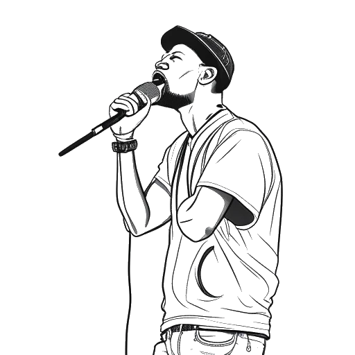 Disegno in bianco e nero di un uomo che rappresenta Blueface, con un microfono in mano, che fa rap