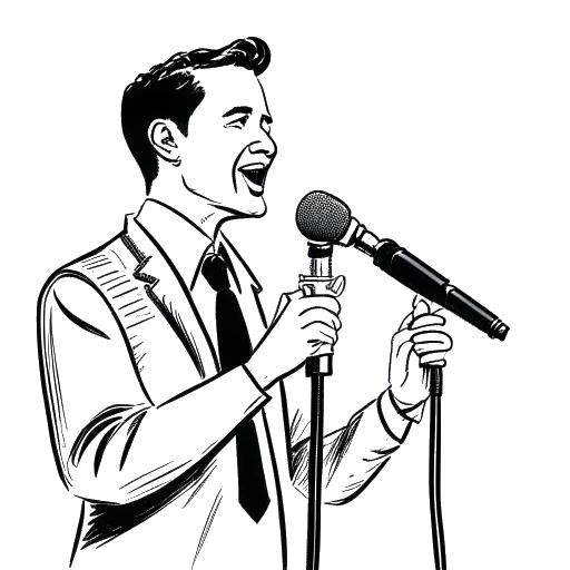 Line art drawing of a man representing Blueface, holding a microphone, with two other men in the background