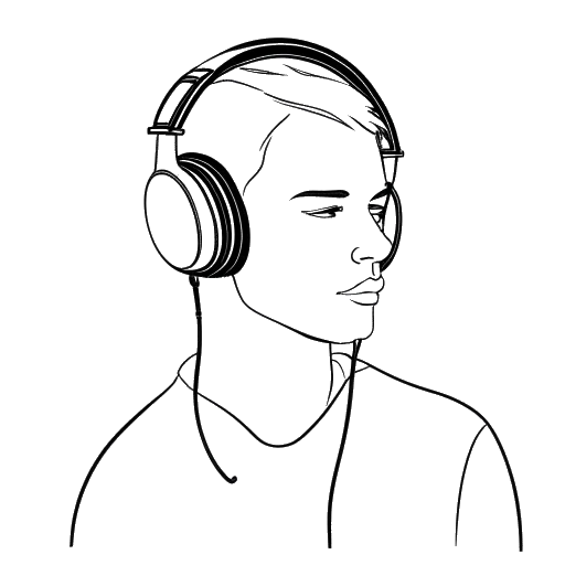 Line art drawing of a man representing Blueface, wearing headphones, listening to music