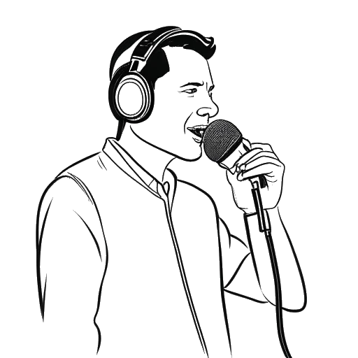 Line art drawing of a man representing Blueface, holding a microphone, with headphones on