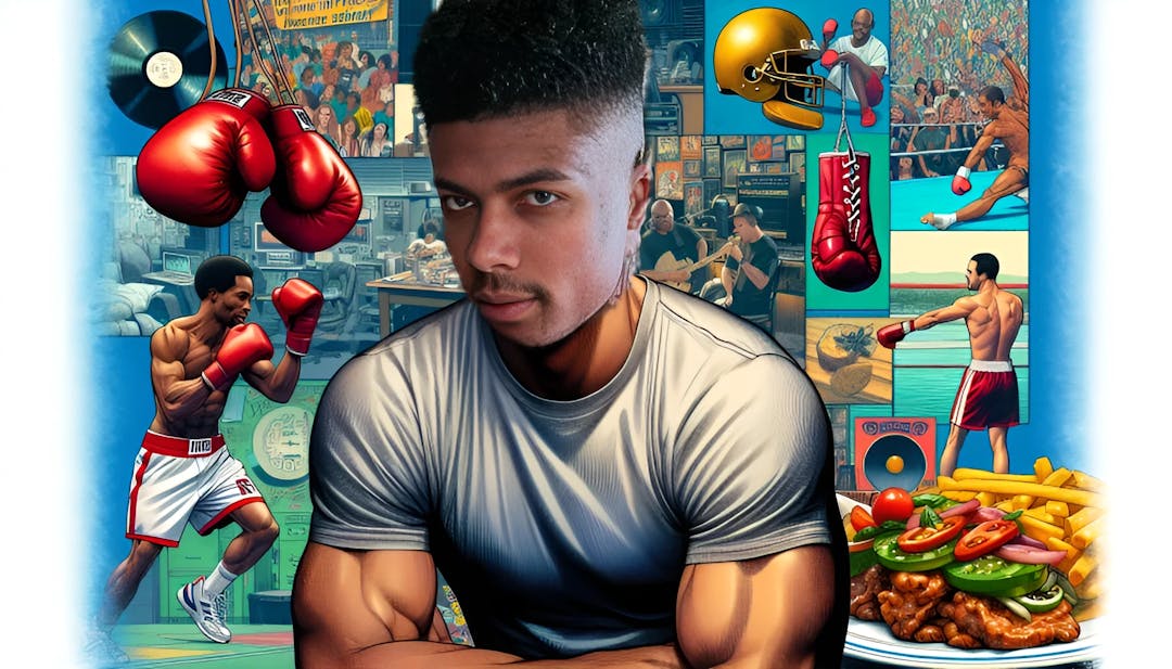 Blueface, a confident mid-20s male with a bald head and an athletic build, looking straight into the camera. He stands in a vivid setting, surrounded by symbols representing his music career, boxing matches, and his soul food restaurant. The image is vibrant and high in detail, with elements of a recording studio, boxing gloves, and a plate of delectable seafood.