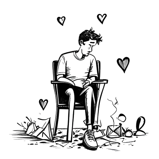 Strichzeichnung von Max Kran Kraft (KranCrafter), der alleine auf einem Stuhl sitzt und einen nachdenklichen Ausdruck im Gesicht hat. Im Hintergrund sind gebrochene Herzen und geheilte Herzen zu sehen, alles gegen einen weißen Hintergrund.