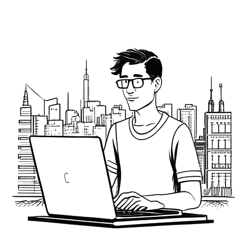 Strichzeichnung eines Mannes, der KranCrafter darstellt, hält einen Computer mit der Aufschrift 'KranCrafter', vor der Kölner Skyline, in Schwarz-Weiß.