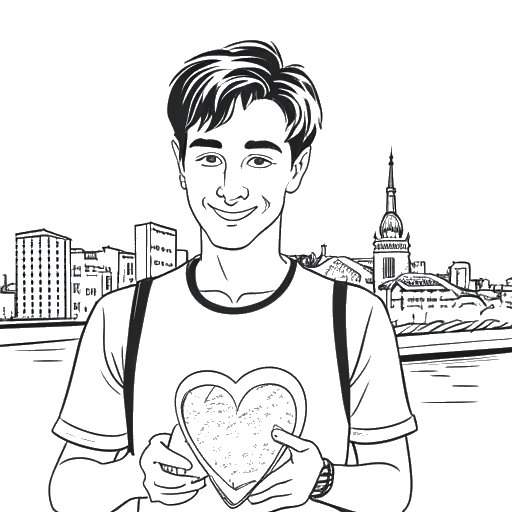 Strichzeichnung eines Mannes, der KranCrafter darstellt, hält eine herzförmige Karte von Köln, mit der Stadtsilhouette und seinem YouTube-Kanallogo im Hintergrund, in Schwarz-Weiß.