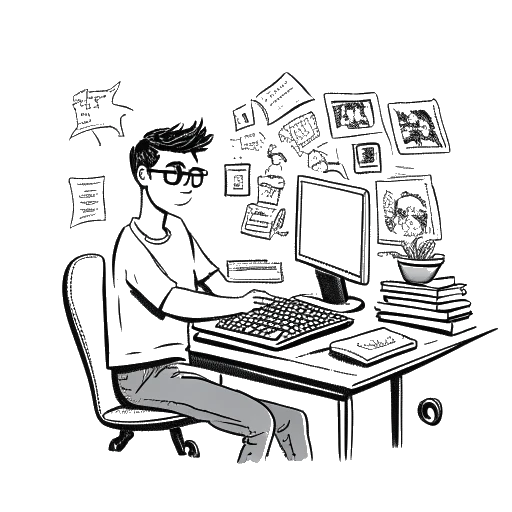 Strichzeichnung eines Mannes, der KranCrafter darstellt, steht hinter einem Schreibtisch mit vielfältigen Inhaltsideen, hält einen Computer mit der Aufschrift 'KranCrafter', in Schwarz-Weiß.