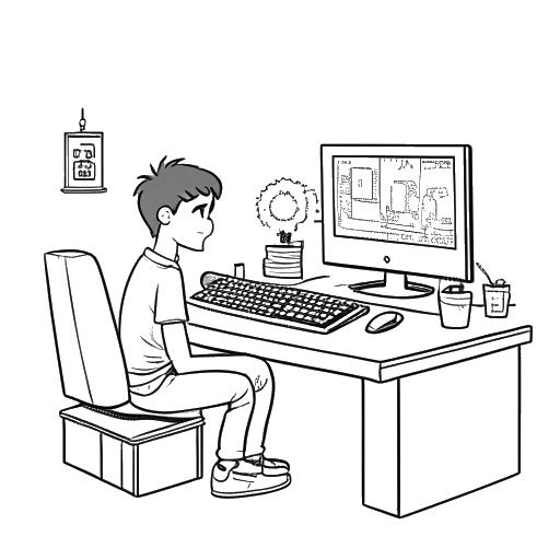 Strichzeichnung eines Mannes, der KranCrafter darstellt, sitzt vor einem Computer mit dem Übergang von Minecraft zu einem YouTube-Vlog und gemischter Unterhaltung, in Schwarz-Weiß.