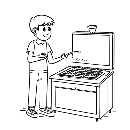 Strichzeichnung eines Mannes, der KranCrafter darstellt, hält einen Kochlöffel und steht zwischen einem Minecraft-Computerbildschirm und einem Herd mit einem Kochtopf, in Schwarz-Weiß.