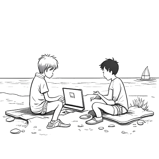 Strichzeichnung von zwei Jungen, die KranCrafter und Luca darstellen, spielen am Strand und knüpfen später über Minecraft wieder Kontakt, in Schwarz-Weiß.