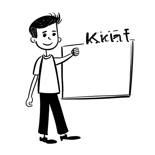 Strichzeichnung eines Mannes, der KranCrafter darstellt, hält ein durchgestrichenes 'Kraft'-Schild und ein 'Kran Kraft'-Schild, in Schwarz-Weiß.