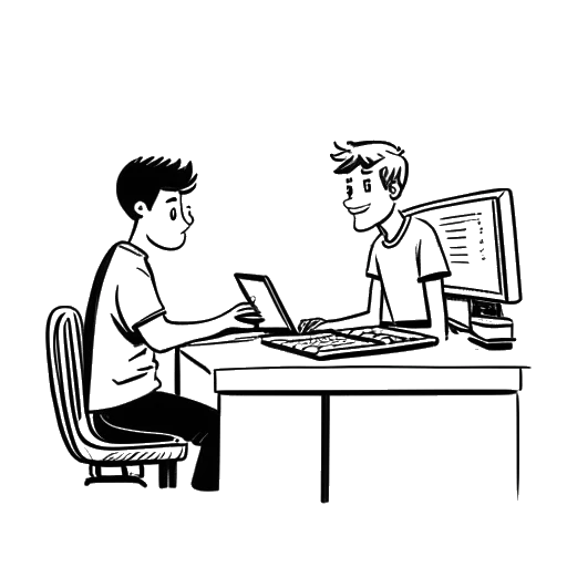 Strichzeichnung eines Mannes, der KranCrafter darstellt, sitzt an einem Schreibtisch mit einem Computer, schaut seinen Freund ConCrafter an, mit der Sprechblase 'KranCrafter' zwischen ihnen, in Schwarz-Weiß.