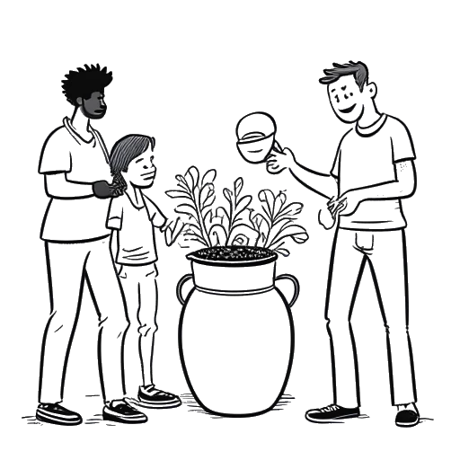 Strichzeichnung eines Mannes, der KranCrafter darstellt, hält eine Gießkanne und pflegt eine Gruppe von Freunden, die aus einem mit YouTube beschrifteten Topf wachsen, in Schwarz-Weiß.