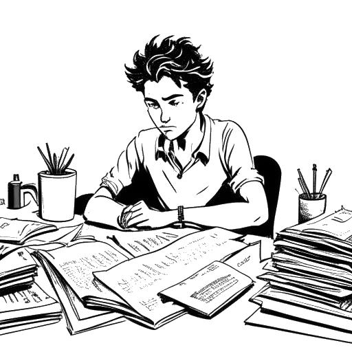 Strichzeichnung eines jungen Mannes mit unordentlichen Haaren, der an einem Schreibtisch sitzt, eifrig umgeben von Stapeln von Zeitungen und Kaffeetassen.