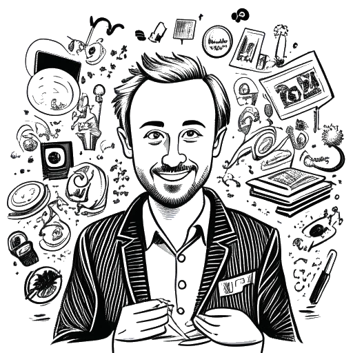 Strichzeichnung eines Mannes, der Jan Böhmermann darstellt, mit zerzausten Haaren und einem verschmitzten Lächeln. Er ist von Symbolen umgeben, die seine Einkommensquellen repräsentieren, darunter ein Mikrofon, ein Fernseher, das Podcast-Logo und ein Stapel Geld, alles vor einem weißen Hintergrund.