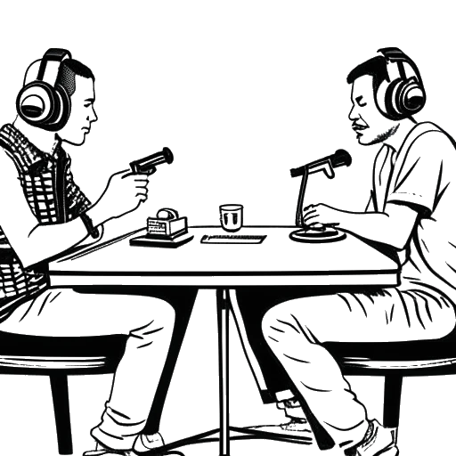 Strichzeichnung von Jan Böhmermann und Olli Schulz, die an einem Tisch sitzen, Mikrofone halten und Kopfhörer tragen