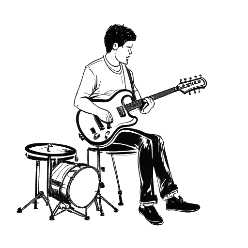 Strichzeichnung von Jan Böhmermann, der eine Gitarre hält, mit einem Schlagzeug im Hintergrund