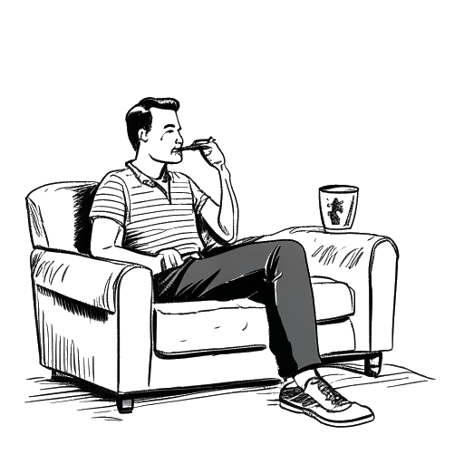Strichzeichnung von Jan Böhmermann, der auf einer Couch sitzt, ein Mikrofon hält und im Hintergrund einen Fernseher hat