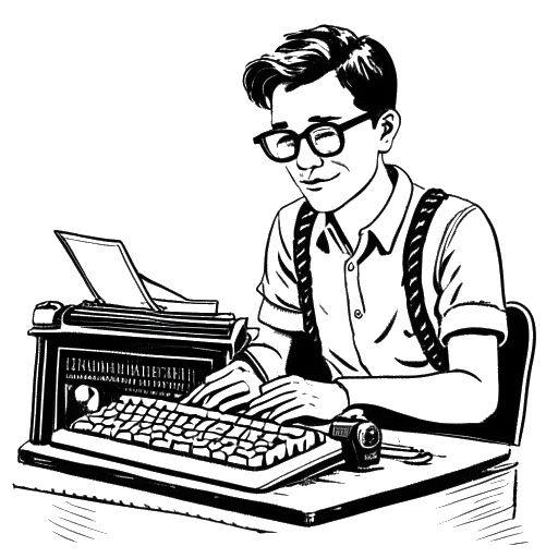 Strichzeichnung eines Jugendlichen, der Jan Böhmermann repräsentiert, der eine Brille trägt, auf einer Schreibmaschine tippt und im Hintergrund eine Zeitung hat