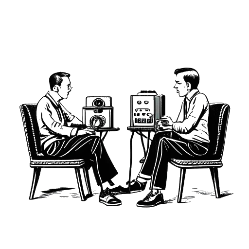 Strichzeichnung von Jan Böhmermann und Klaas Heufer-Umlauf, die auf Stühlen sitzen und sich gegenüberstehen, mit einem Vintage-Radio zwischen ihnen