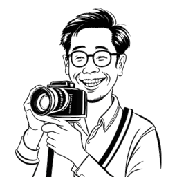 Eine einzeilige Schwarz-Weiß-Zeichnung von Cheng Loew, der seine makellosen Kamerakünste präsentiert, mit einem Hauch von Humor durch Witze über seinen asiatischen Hintergrund.