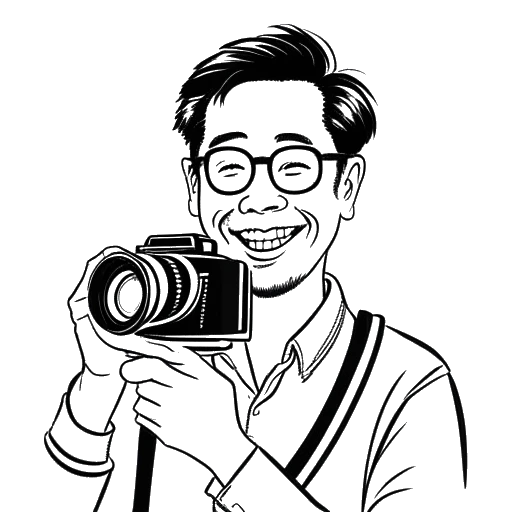 Eine einzeilige Schwarz-Weiß-Zeichnung von Cheng Loew, der seine makellosen Kamerakünste präsentiert, mit einem Hauch von Humor durch Witze über seinen asiatischen Hintergrund.