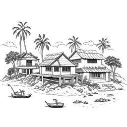Eine einzeilige Schwarz-Weiß-Zeichnung, die die Entwicklung von Cheng Loews Reise zeigt, vom Zusammenleben mit ApeCrimes bis zum Bau eines Hauses auf der idyllischen Insel Lombok mit Sabrina.