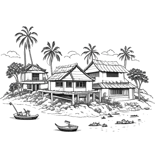 Eine einzeilige Schwarz-Weiß-Zeichnung, die die Entwicklung von Cheng Loews Reise zeigt, vom Zusammenleben mit ApeCrimes bis zum Bau eines Hauses auf der idyllischen Insel Lombok mit Sabrina.