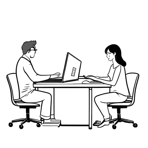 Strichzeichnung eines Mannes und einer Frau, die Cheng Loew und Sabrina darstellen, die an zwei separaten Computern arbeiten