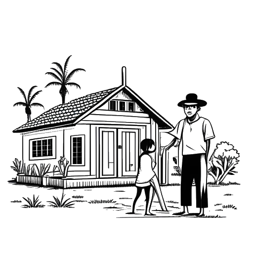 Strichzeichnung eines Mannes und einer Frau, die Cheng Loew und Sabrina darstellen, die ein Haus bauen, mit 'Insel Lombok' über ihnen geschrieben