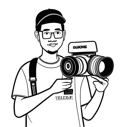 Strichzeichnung eines Mannes, der Cheng Loew darstellt, der eine Videokamera hält, auf der 'SuperAsianBrothers' und 'IWBOI' geschrieben sind
