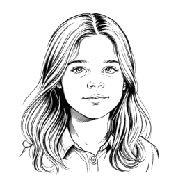 Desenho de arte linear de uma jovem com cabelos compridos, representando Susan "Daisy" Lemay da novela "Guiding Light", em um fundo branco.
