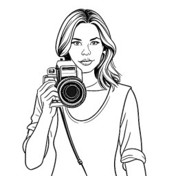 Disegno in stile line art di una donna che tiene una macchina fotografica, rappresentando Brittany Snow come regista, su sfondo bianco.