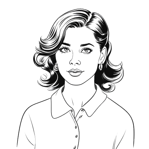Disegno in stile line art di una giovane donna con uno stile d'abbigliamento ispirato agli anni '60, che rappresenta Meg Pryor della serie televisiva "American Dreams," su sfondo bianco.