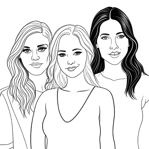 Line art drawing of three women posing together, representing Brittany Snow, Anna Kendrick, and Rebel Wilson.