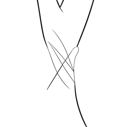 Desenho de arte linear do pulso de uma mulher com uma tatuagem das Relíquias da Morte, representando Brittany Snow.
