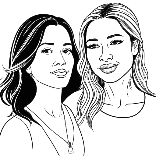 Desenho de arte linear de duas mulheres atuando em um filme, representando Brittany Snow e Gina Rodriguez.
