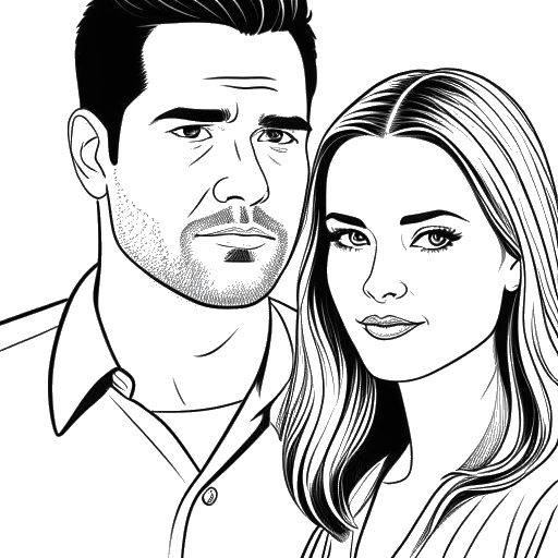Desenho de arte linear de uma mulher atuando ao lado de um homem em um filme, representando Brittany Snow e Jesse Metcalfe.