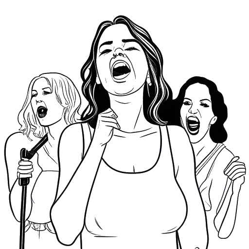Line art drawing of a woman singing in an acapella group, representing Brittany Snow.