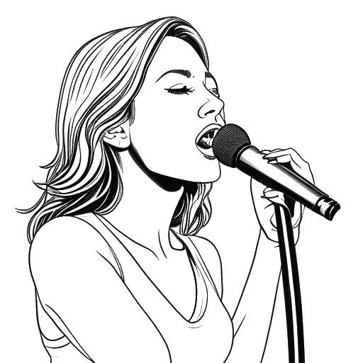 Line art drawing of a young woman singing into a microphone, representing Brittany Snow.