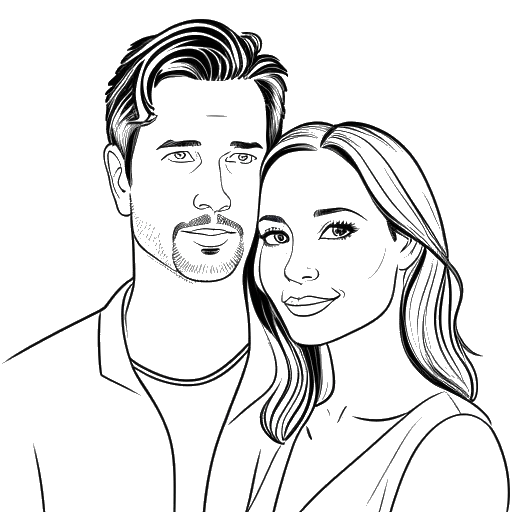 Line art drawing of a woman with her husband, representing Brittany Snow and Tyler Stanaland.