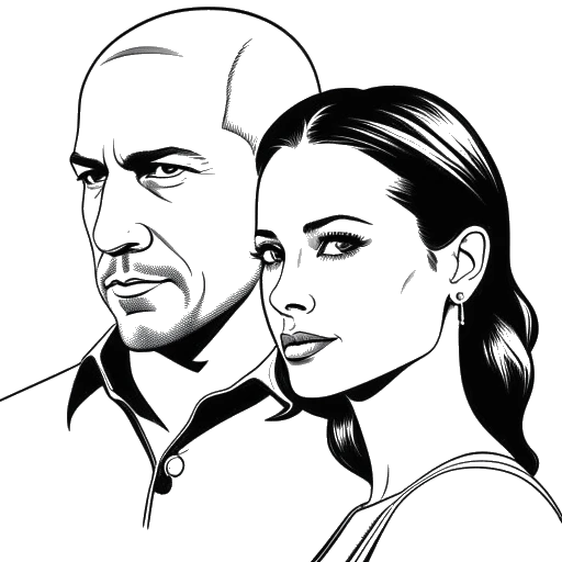 Line art drawing of a woman acting alongside a man in a movie, representing Brittany Snow and Vin Diesel.