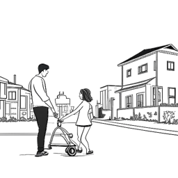Line art drawing of a woman, representing Renee Paquette, strolling with a wrestler-like man, reflecting Jon Moxley, while pushing a baby stroller. The scene is set against a charming neighborhood, symbolizing community and stability, all on a white background.