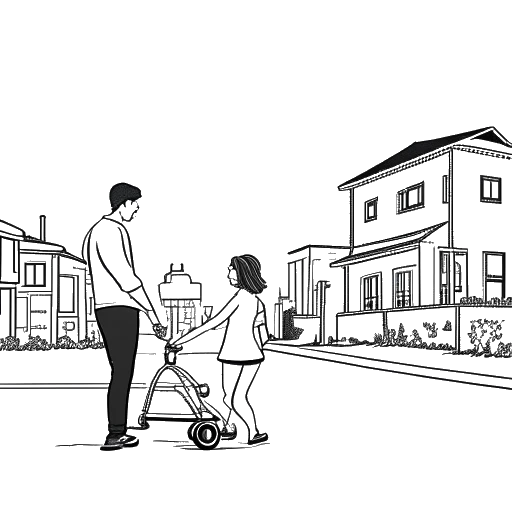 Line art drawing of a woman, representing Renee Paquette, strolling with a wrestler-like man, reflecting Jon Moxley, while pushing a baby stroller. The scene is set against a charming neighborhood, symbolizing community and stability, all on a white background.