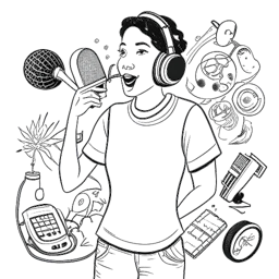 Desenho de traços de uma mulher, representando Renee Paquette, em uma pose enérgica de apresentação com um microfone. Ao seu redor, estão símbolos como um ringue de luta livre, um livro de receitas, um microfone de podcast e um capacete de futebol americano, ilustrando sua carreira multifacetada e interesses, tudo em um fundo branco.