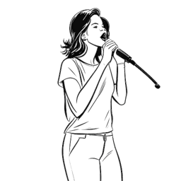 Desenho de traços de uma mulher, representando Renee Paquette, segurando confiante um microfone com cabelos médios, demonstrando postura e prontidão, em um fundo branco.