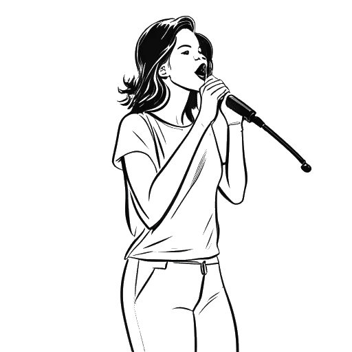 Line drawing of a woman, representing Renee Paquette, confidently holding a microphone with medium-length hair, demonstrating poise and readiness, against a white backdrop.