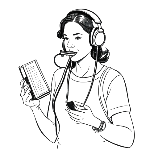 Arte em linha de uma mulher representando Renee Paquette, usando fones de ouvido, segurando um microfone em uma mão e um livro de receitas na outra, circundada por cordas de ringue de luta livre, em um fundo branco.