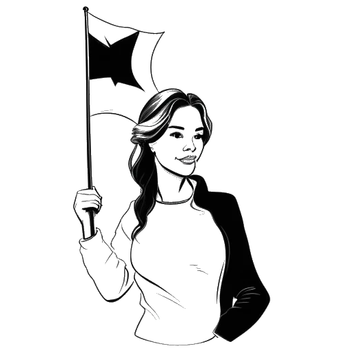 Desenho em arte de linha de uma mulher, representando Renee Paquette, segurando uma bandeira do Canadá.
