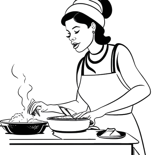 Line art drawing of a woman, representing Renee Paquette, cooking in front of a Cincinnati Bengals logo.